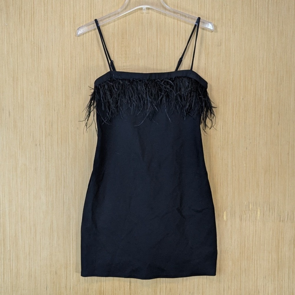 Wild Fable Glam Festive Feather Trim Mini Dress Size M Black Party Cocktail